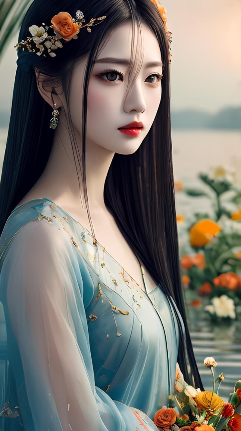 02494-2760201432-a woman with long black hair is surrounded by water with flowers, in the style of dreamlike realism, dark gray and orange, han d.png